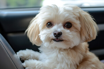 Dog so cute beige color mixed breed with Shih-Tzu, Pomeranian and Poodle on car seat inside a railway train cabin vintage style wait for vacation travel trip