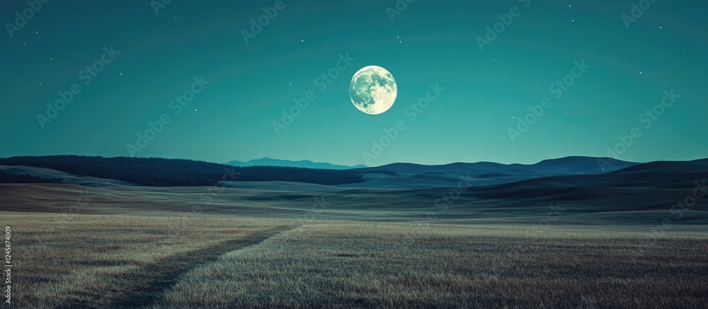 Poster serene landscape with mountains under a full moon featuring clear skies and vast empty space for tex