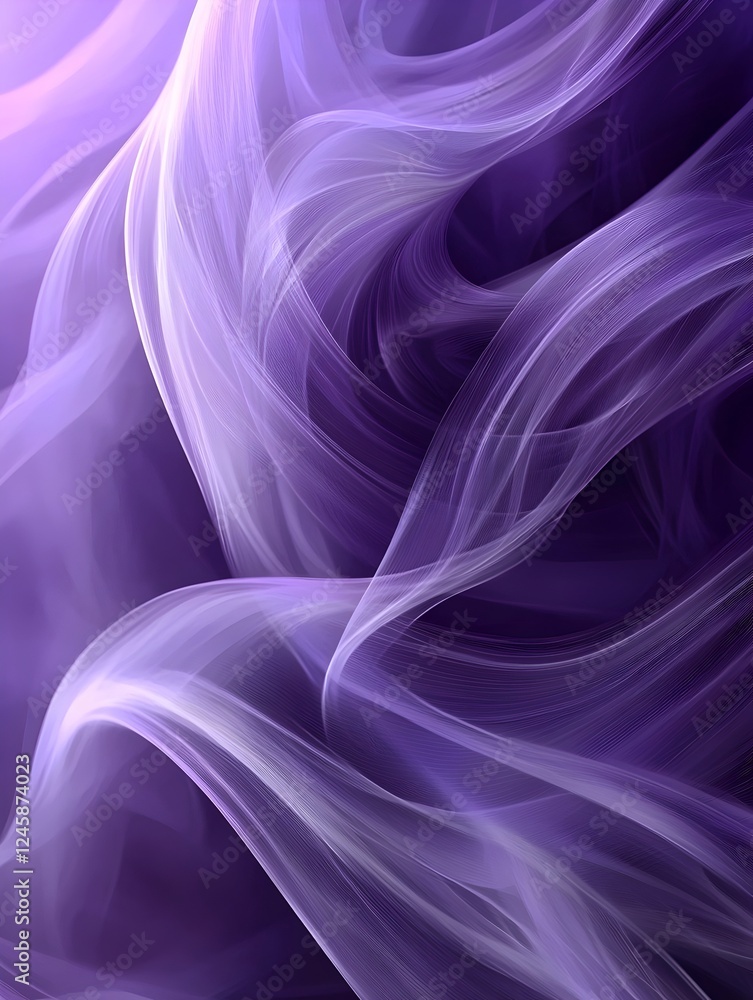 Poster a mesmerizing abstract composition featuring flowing wisps of translucent purple fabric, creating a 