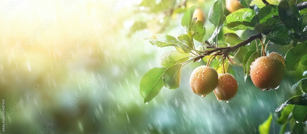 Poster Sunlit Apple Branch with Fruits and Raindrops Creating a Serene Atmosphere for Text Placement and Nature Appreciation
