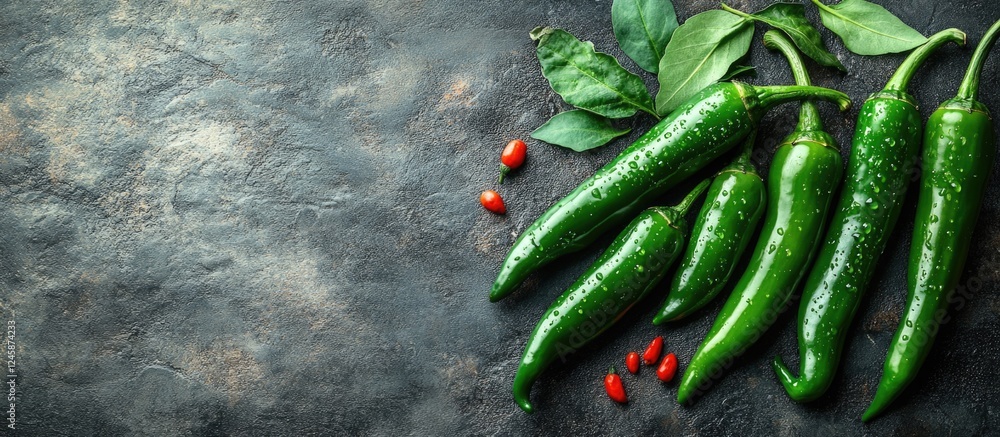 Poster green hot peppers arranged on a textured stone background with ample negative space for creative tex