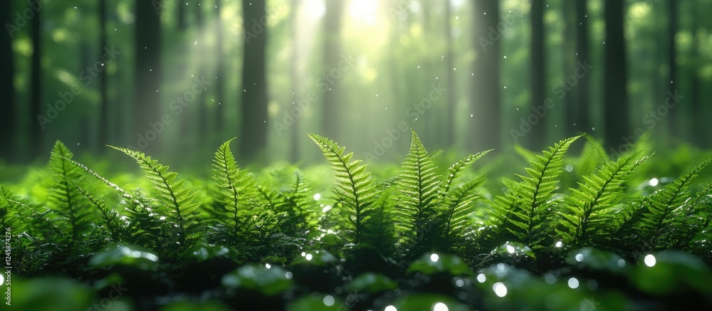 Poster lush green ferns in a serene forest with sunlight filtering through trees creating a tranquil natura