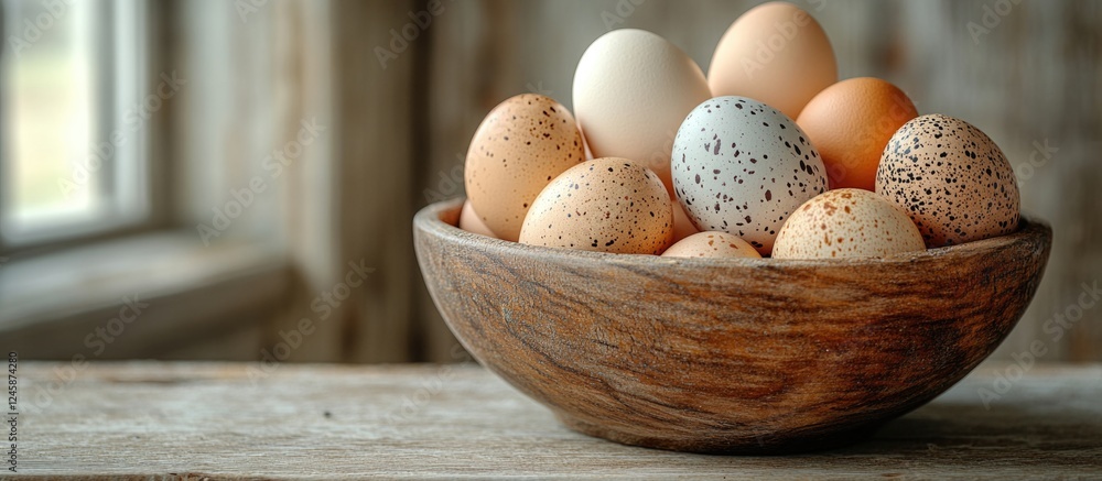Aufkleber assorted chicken and quail eggs in a rustic wooden bowl on a table with a soft natural light setting