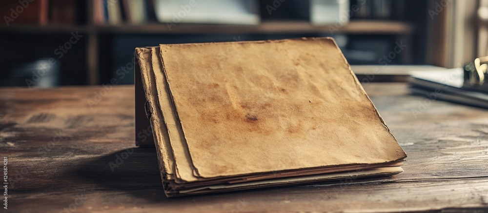 Poster aged cardboard folder displaying stains on a wooden surface in a rustic background setting