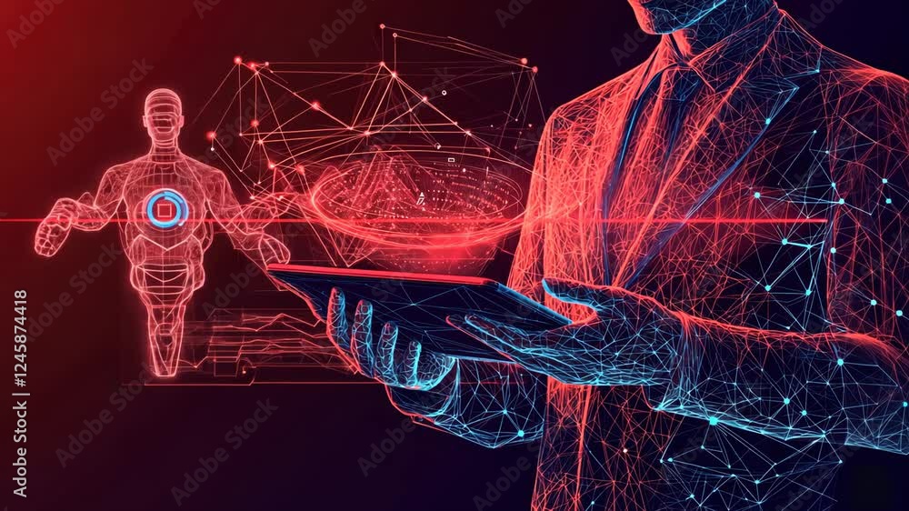 Poster futuristic holographic display with digital network and robot interaction