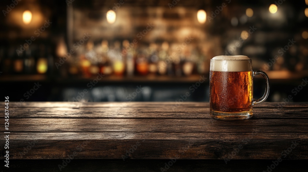 Poster refreshing beer mug on rustic wooden bar counter with blurred bar background and ample empty space f