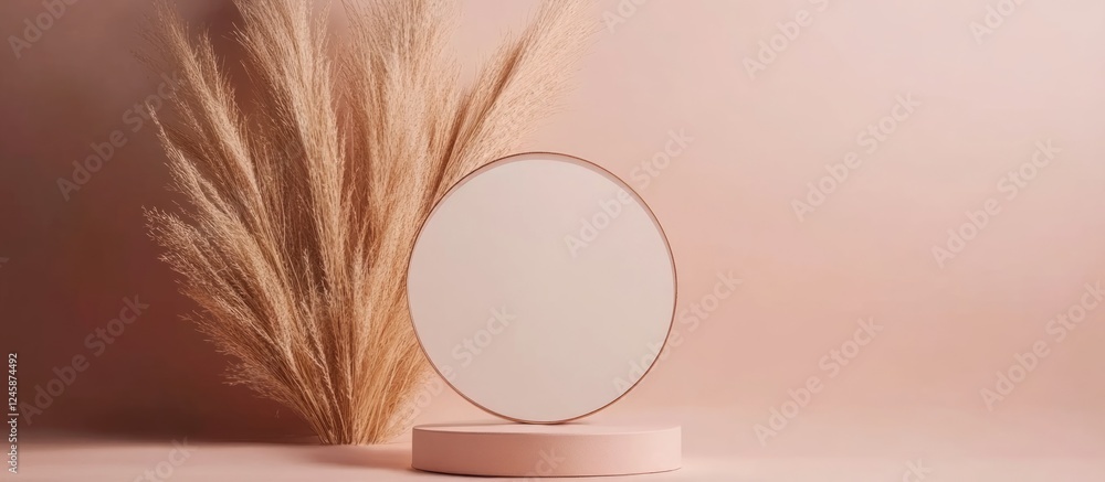 Poster acrylic frame mockup on minimalist background with dried pampas grass creating an elegant display fo