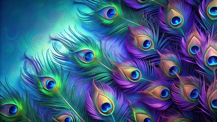 Intricate peacock feather pattern on blue background with shades of purple and green hues creating a mesmerizing visual effect, colorful, vibrant