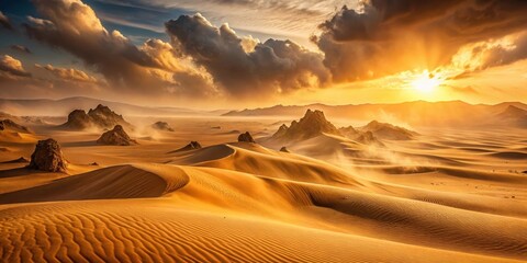 A vast expanse of sandy dunes with a swirling sandstorm in the background, creating a warm orange and yellow hue , weathered rocks, environmental phenomenon