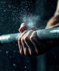 Close up of hands gripping barbell chalk dust weightlifting workout strength training fitness gym