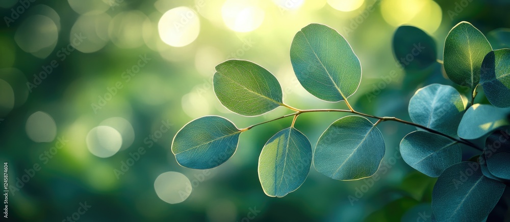 Poster eucalyptus leaves with narrow shape surrounded by soft green bokeh background capturing the essence 