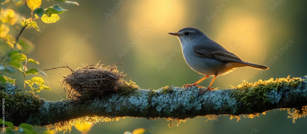 Poster european dipper bird gathering nesting materials on a lichen-covered branch with a blurred forest ba