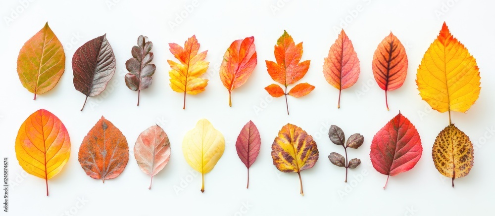 Poster autumn leaves arrangement on a white background showcasing vibrant colors and textures with ample co