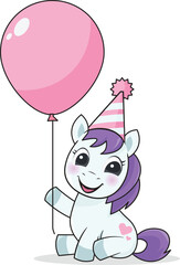 Little cute birthday pony hold a pink balloon vector illustration 
