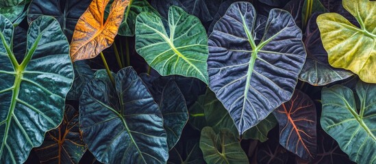 Exotic Alocasia odora foliage showcasing vibrant tropical leaves with unique heart shapes and rich textures on a dark background