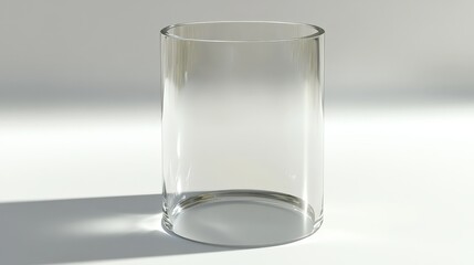Empty Glass Cylinder: A clear, empty glass cylinder with a slightly irregular, octagonal shape sits on a neutral surface, casting a soft shadow. Its simple.