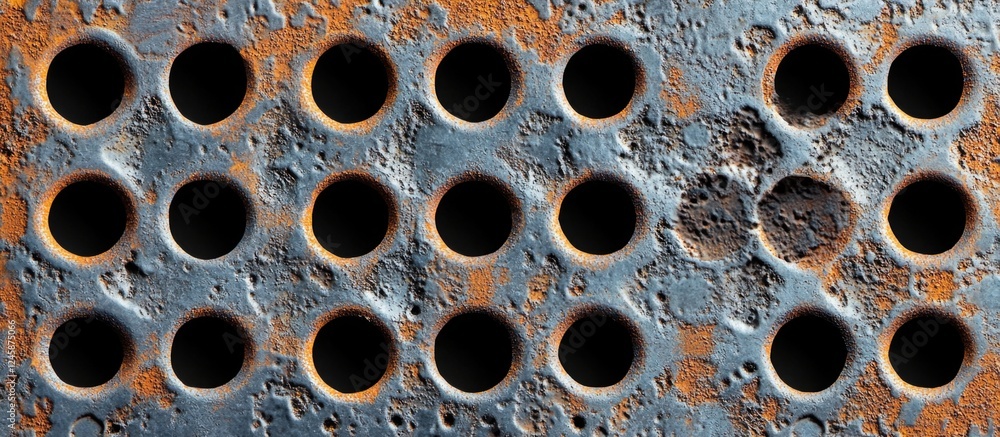 Poster abstract texture of rusted metal panels featuring round holes and traction bumps creating a unique i