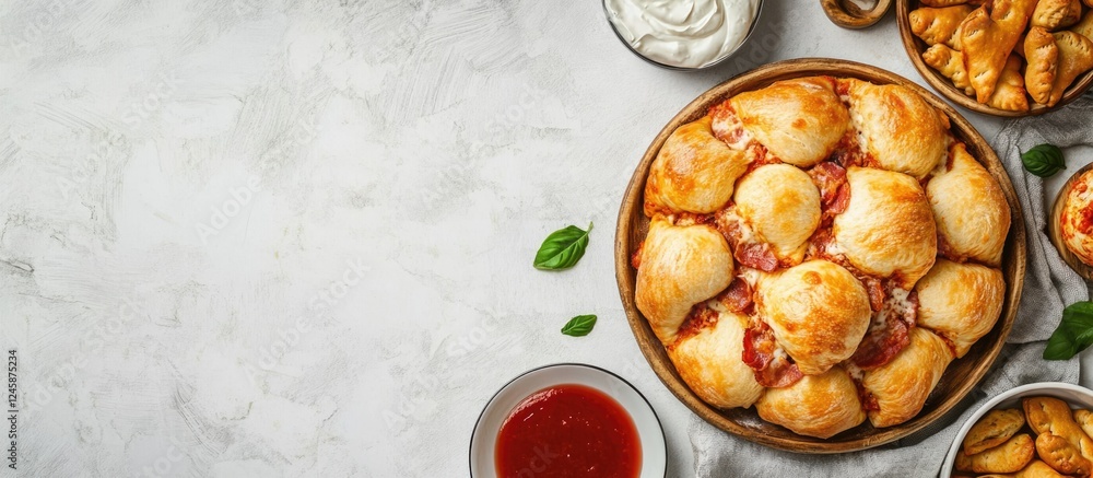 Poster delicious fried bread rolls and calzone with mozzarella cheese and bacon on a marble table with spac