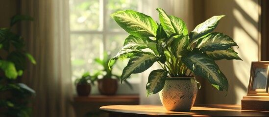 Aglonema ornamental plant thriving in a bright room with sunlight casting shadows and a cozy atmosphere