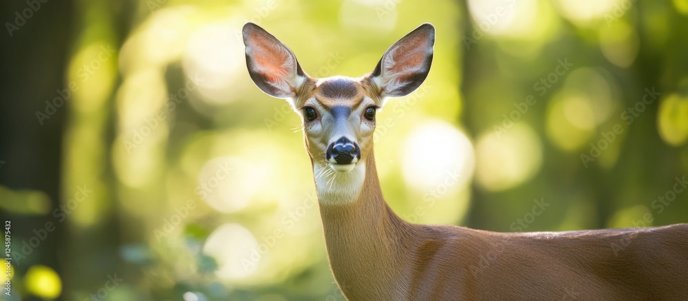 Aufkleber alert white-tailed deer captured in lush green forest setting with soft bokeh background