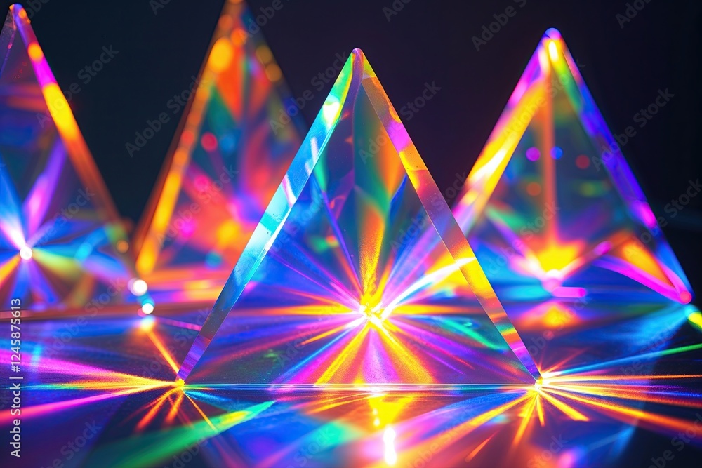 Poster vibrant holographic triangular prisms crafting unique spectral light patterns