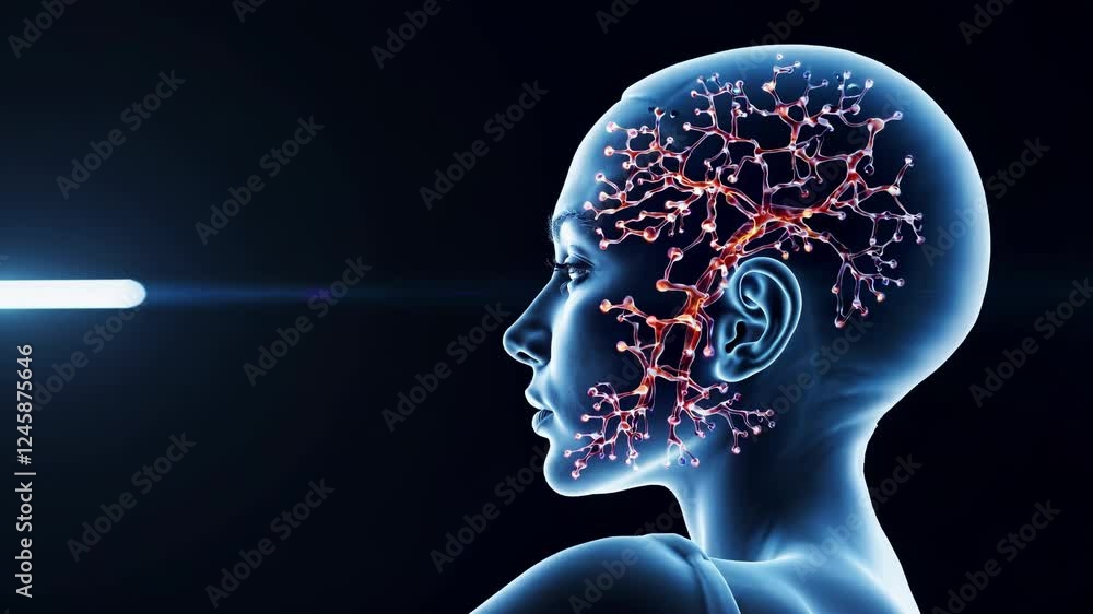 Poster a surreal profile of a woman with a glowing translucent head filled with branching neural patterns i