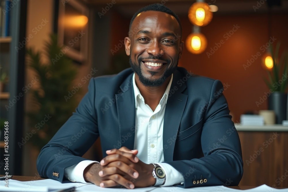 Poster man is smiling while sitting at table with papers
