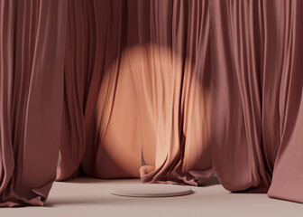 3D display podium, beige background with pedestal and cloth curtain. Stage with spot light. Beauty, cosmetic product presentation stand. Luxury feminine mockup 3d render advertisement showcase