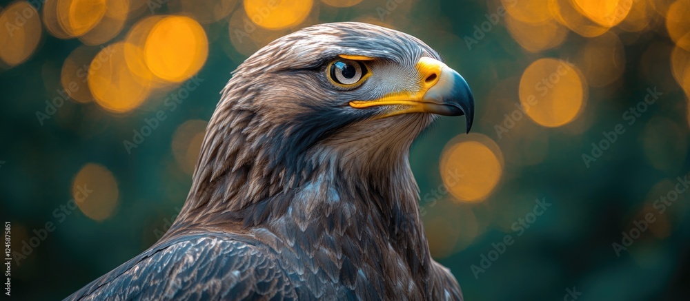 Poster intense close-up of a wild eagle emphasizing its sharp yellow beak and textured grey feathers agains