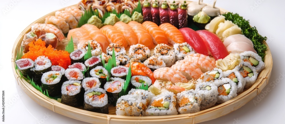 Poster colorful assorted sushi platter arranged beautifully with empty space for customization or text. per