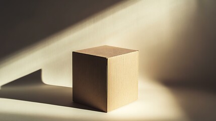 A cube with corrugated sides placed on a matte off-white background, lit by a single light source to emphasize shadow play.