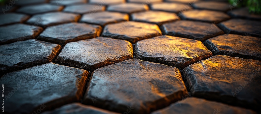 Poster close up of textured hexagon paving blocks showcasing an interlocking pattern and weathered surface 