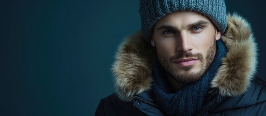 Masculine man in stylish winter attire with a warm hat on a dark background featuring space for text or branding elements