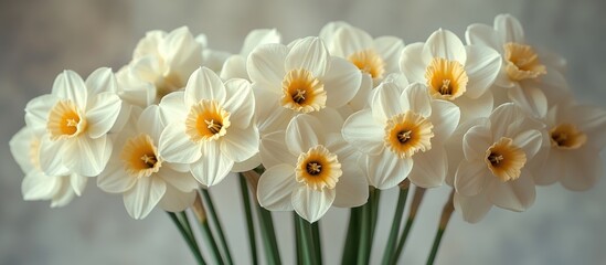 Fototapeta premium Delicate spring bouquet featuring white daffodils against a soft white background perfect for greeting cards and floral designs.