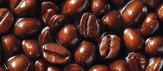 Detailed close-up of glossy brown coffee beans showcasing their rich texture and organic shapes for food and beverage related designs.