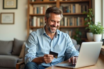 Man is smiling while using his laptop and holding credit card