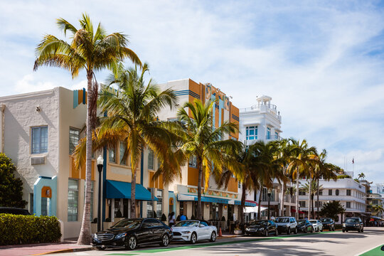 Ocean Drive with palm trees, Miami, Florida, United States