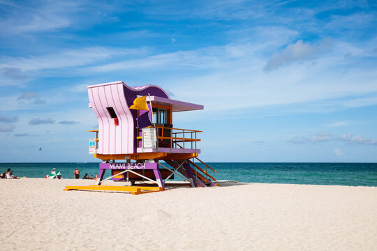 Iconic lifeguard tower on South beach, Miami, USA
