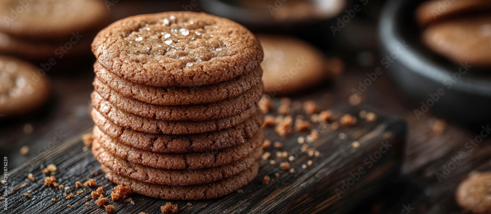 Poster Aerial view of a tempting stack of chocolate chip cookies with scattered crumbs on a rustic wooden surface creating a warm, inviting atmosphere