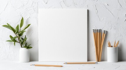 Blank canvas mockup, art supplies, white wall