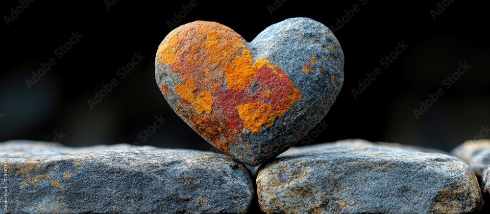 Poster colorful stone heart embedded in a rustic stone wall with ample blank space for customizable text id