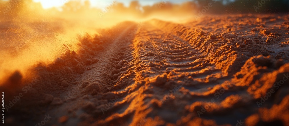 Aufkleber abstract sand texture with tire tracks illuminated by golden sunlight at sunset creating a dynamic o
