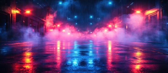 Fototapeta premium Neon lights illuminate a desolate street scene with fog and reflections creating a moody, atmospheric nighttime ambiance.