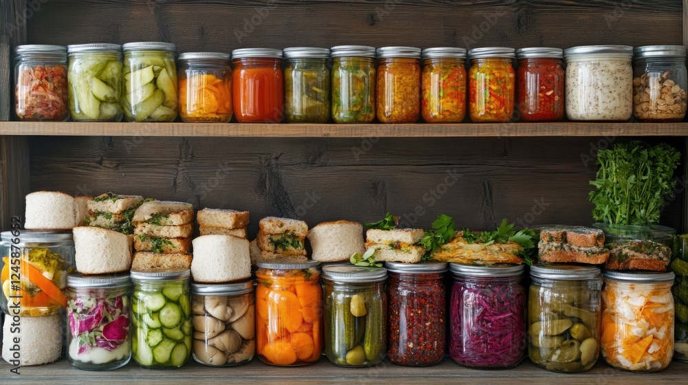 Poster freshly pickled vegetables and assorted sandwiches on shelf with copyspace for text placement