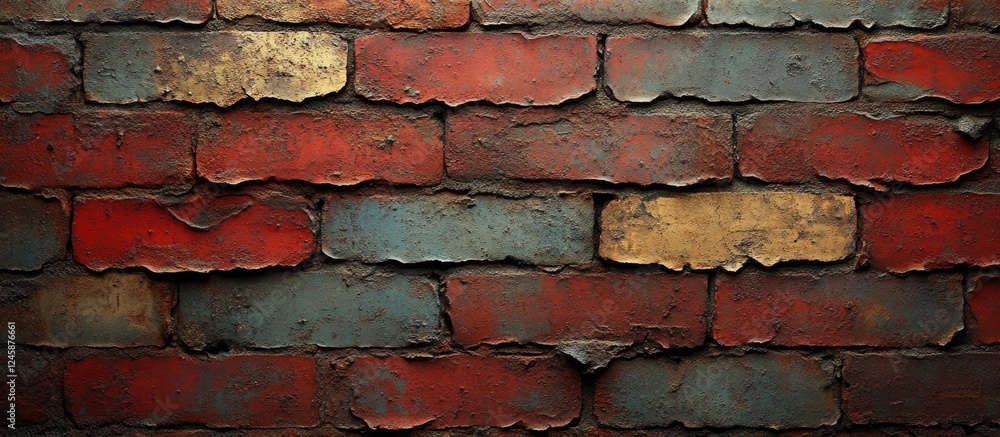 Poster textured abstract background featuring an array of weathered bricks in shades of red, brown, and blu