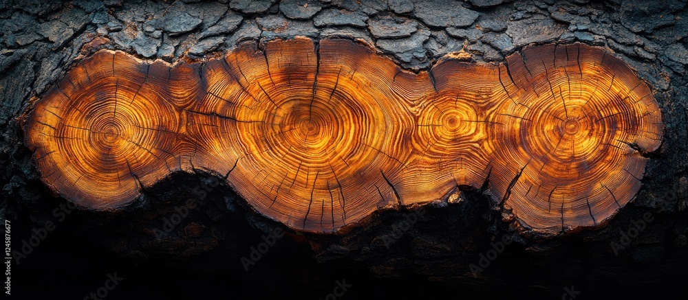 Poster close-up view of tree trunk cross-section showcasing concentric growth rings and natural cracks high
