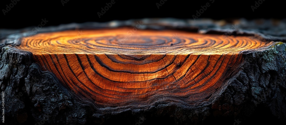 Poster cross-section of a tree trunk showcasing intricate wood grain patterns and natural cracks highlighti