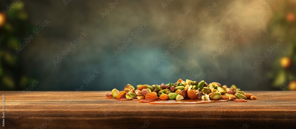 Poster colorful assortment of nuts including pistachios walnuts and almonds arranged on a wooden board with