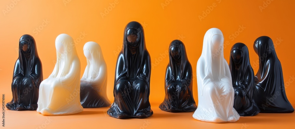Poster hooded inflatable figures in black and white against a vibrant orange background with ample copyspac