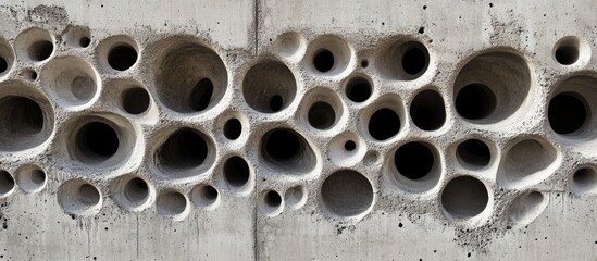 Textured aged concrete surface featuring irregular holes and patterns ideal for backgrounds and design elements.